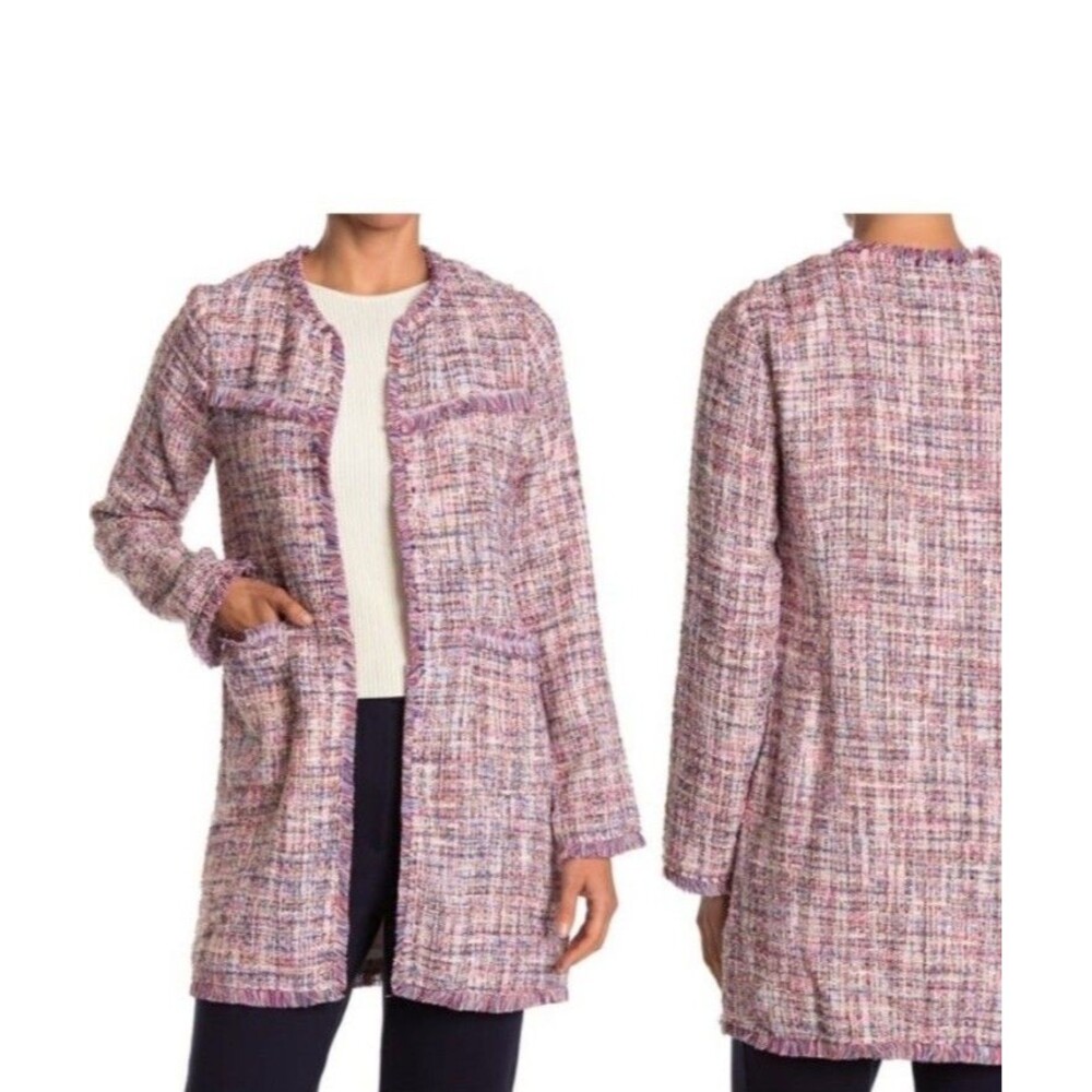 NWT Laundry by Shelli Segal Sz L Pink Boucle Tweed Fringe Open Jacket Coat